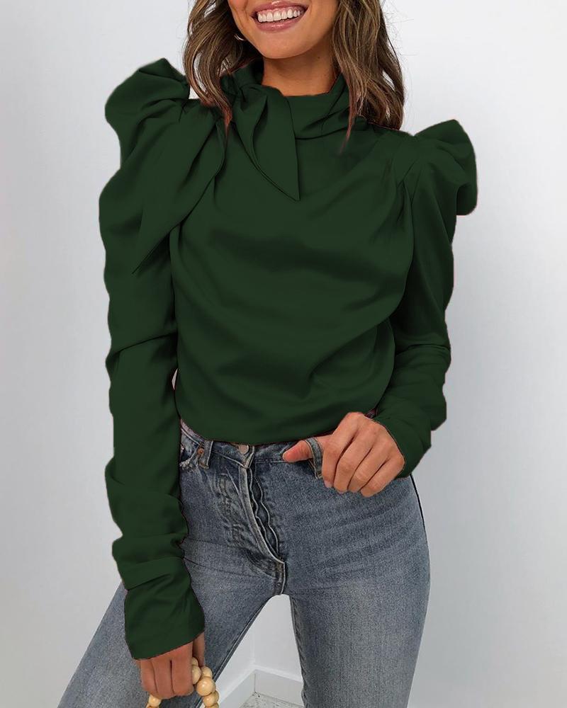 

Solid Puff Sleeve Tied Neck Blouse, Green
