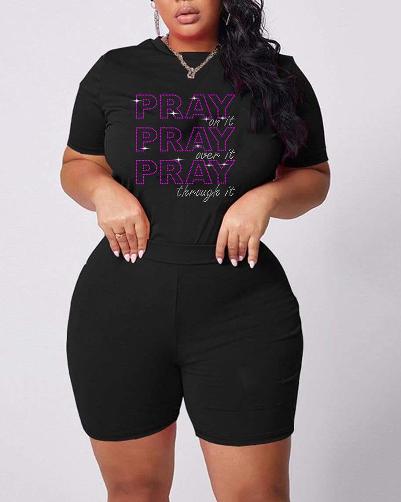 

Rhinestone Letter Pattern T-shirt & High Waist Shorts Set, Black