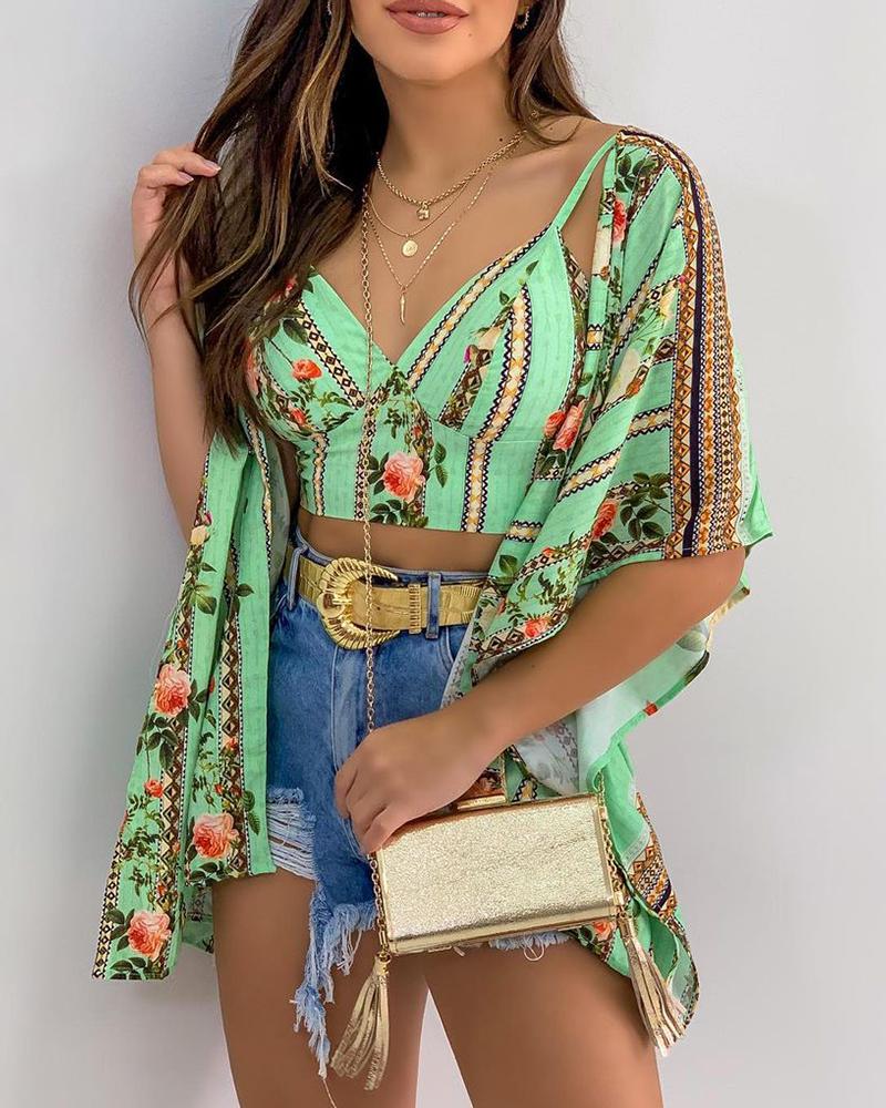 

Floral Print Crop Top & Ruffles Cover Up Set, Green