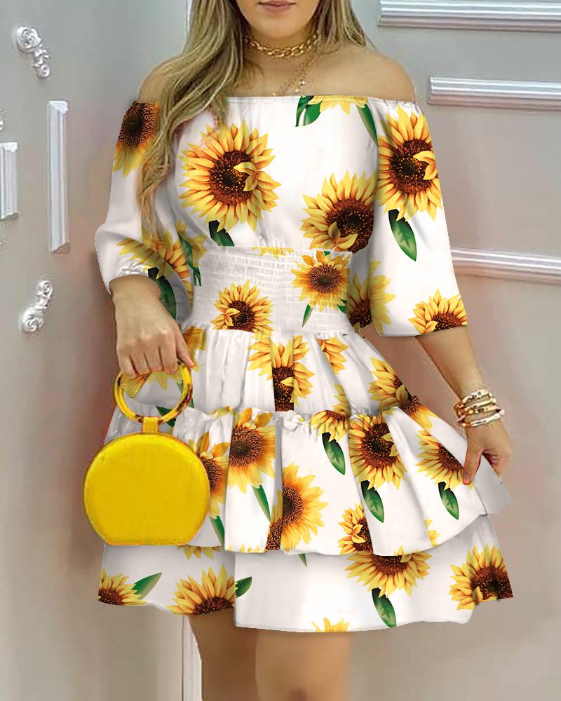 

Sunflower Print Off Shoulder Frill Hem Dress, Yellow
