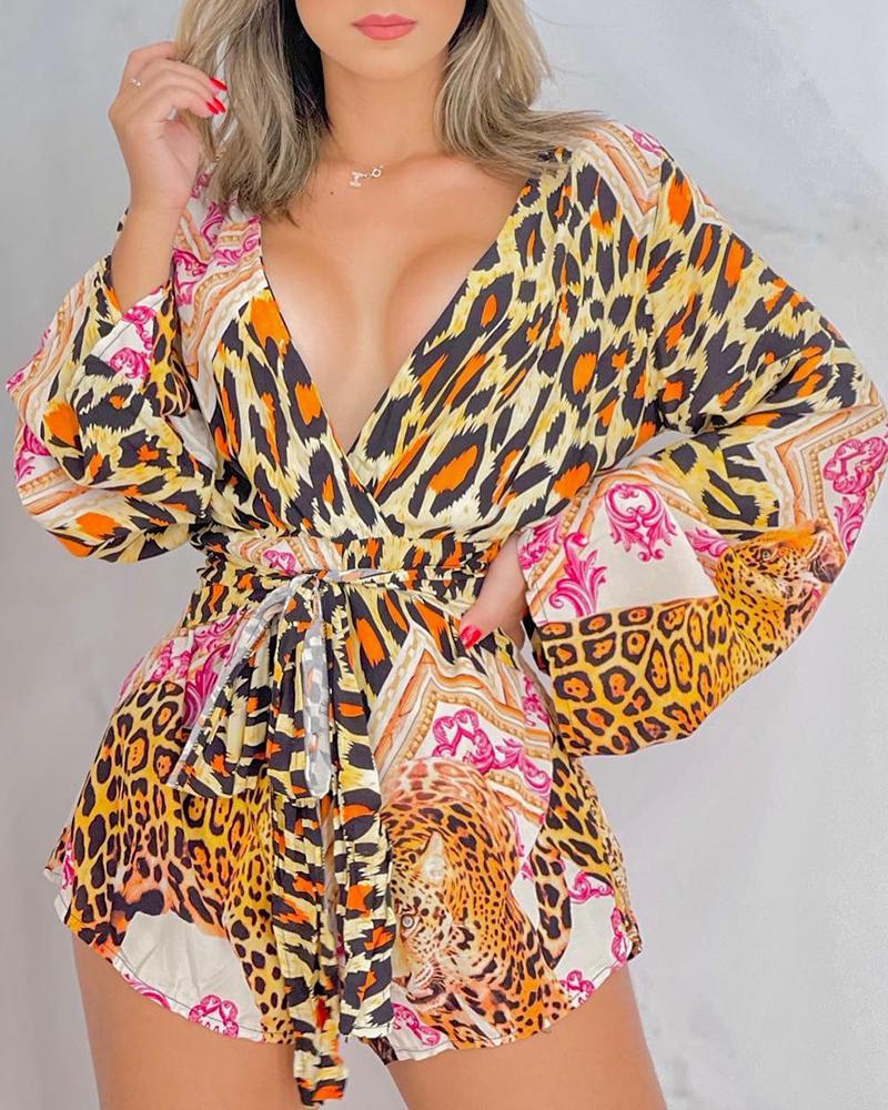 

Cheetah Baroque Print Long Sleeve Romper, Leopard