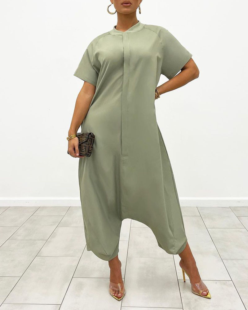 

Short Sleeve Casual Harem Jumpsuit, Green