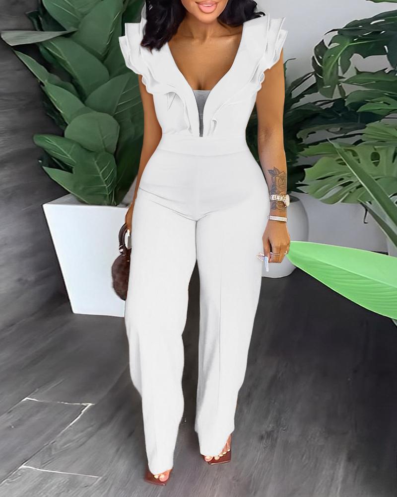 

Ruffle Hem Sheer Mesh Patch Jumpsuit, White