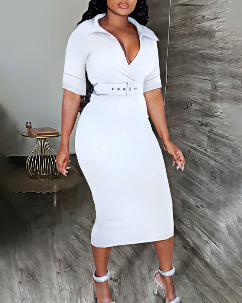 

Overlap Belted Half Sleeve Midi Dress, White