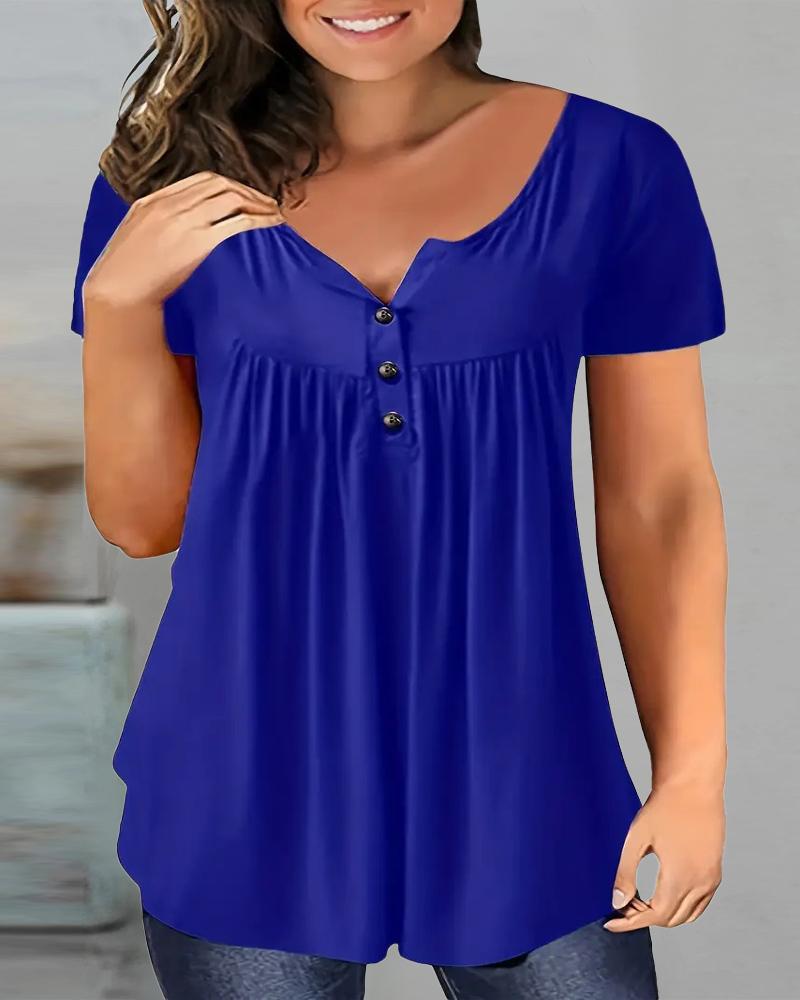 

Plus Size Ruched Buttoned Short Sleeve Top, Blue