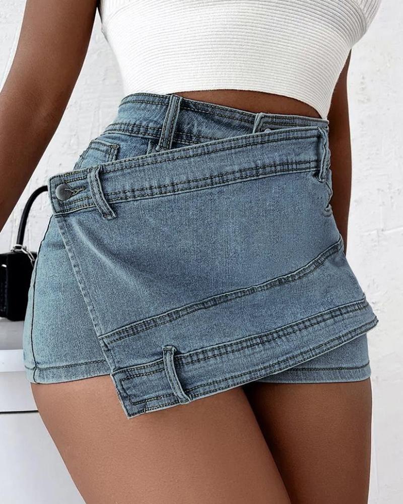 

Asymmetrical Wrap Denim Skorts, Lighted blue