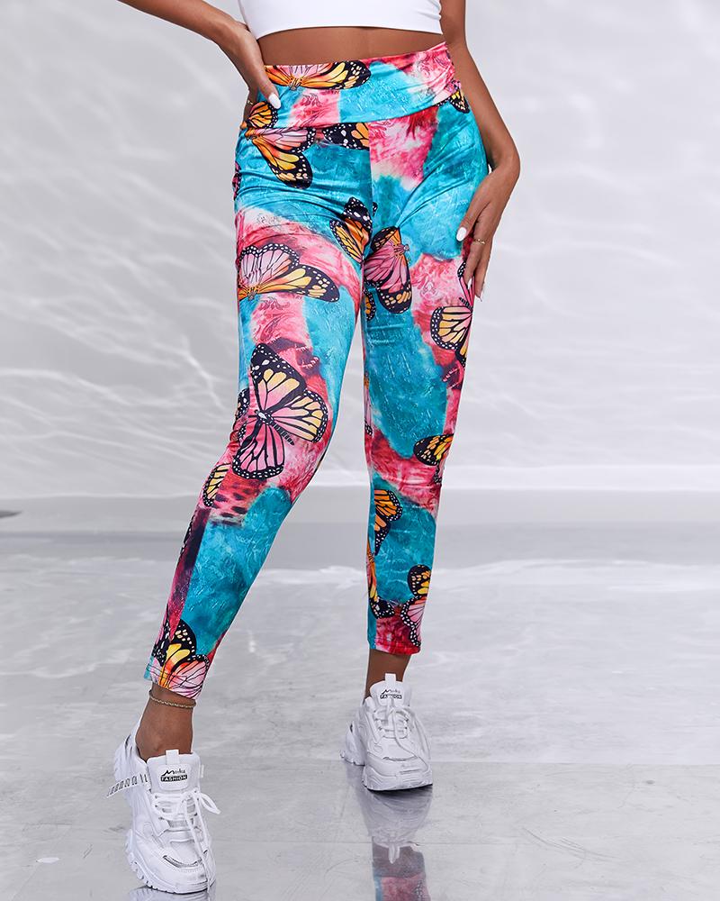 

Butterfly Tie Dye Print Bowknot Tummy Control Workout Tights Scrunch Butt Leggings, Multicolor