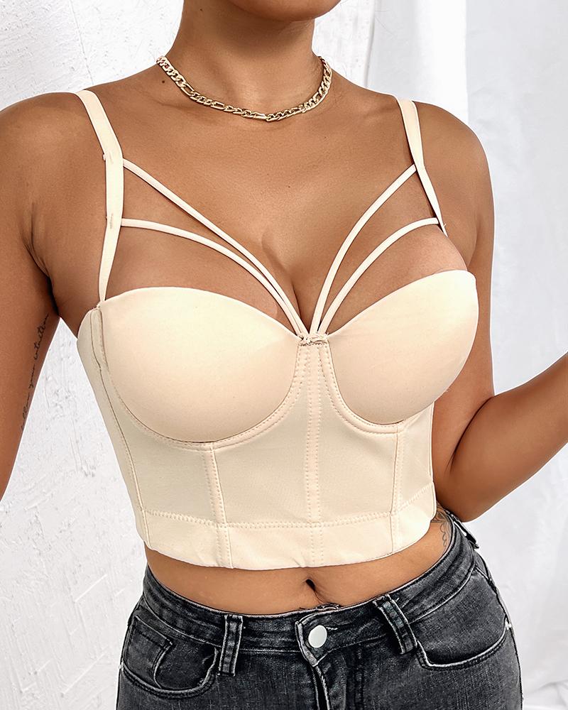 

Multi Strap Buckle Back Crop Corset Top, Beige