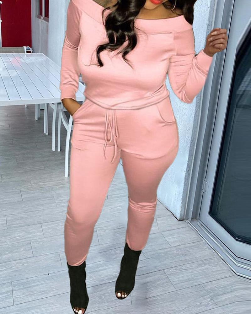 

Off Shoulder Plain Top & Drawstring Pants Set, Pink