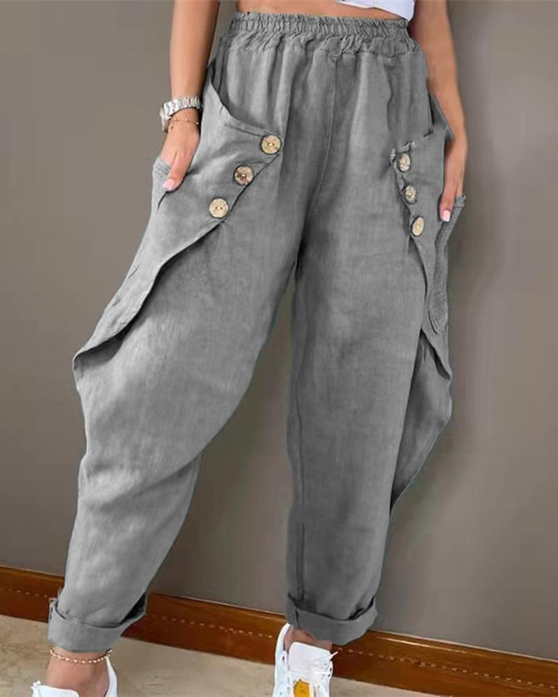 

Pocket Button Detail Casual Pants, Gray