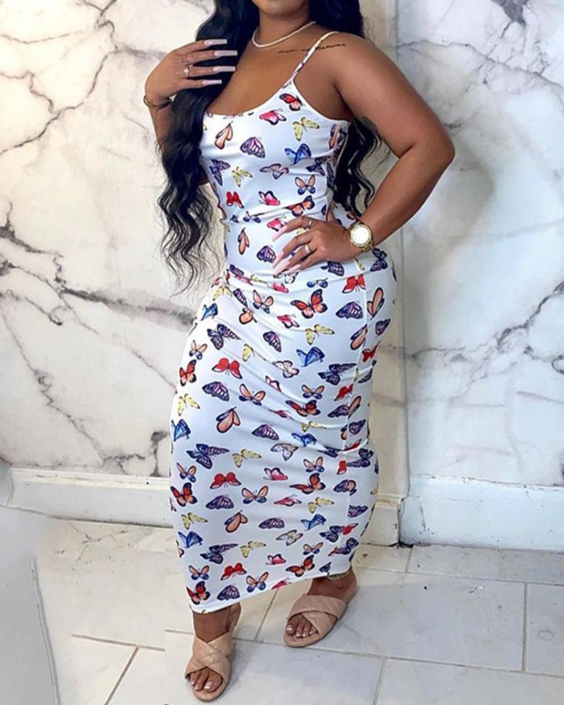 

Butterfly Print Strap Skinny Midi Dress, White