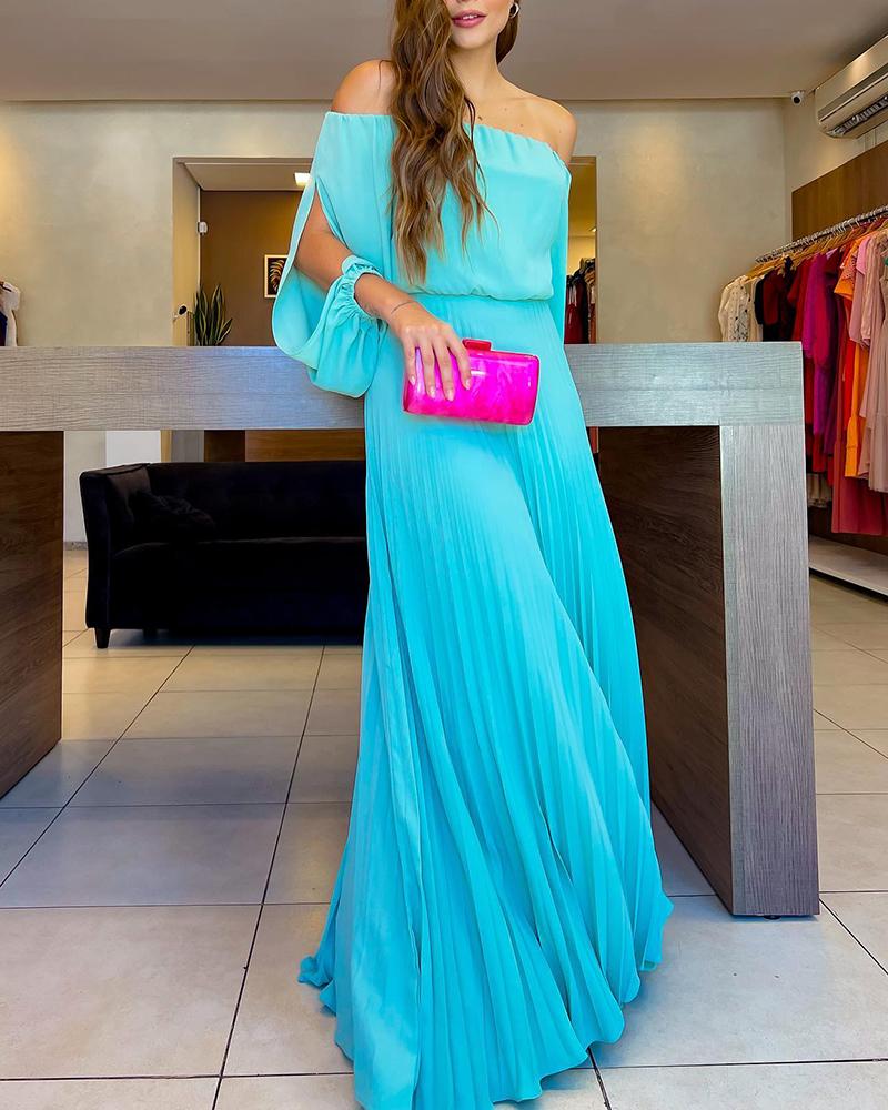 

Off Shoulder Pleated Ruffle Hem Evening Dress, Turquoise blue