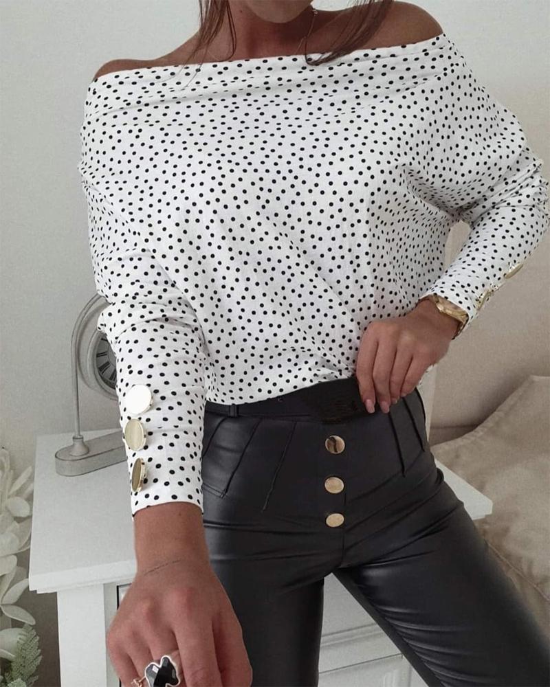 

Polka Dot Print Off Shoulder Top, White