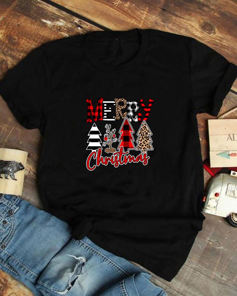 

Christmas Print Short Sleeve Casual T-Shirt, Black