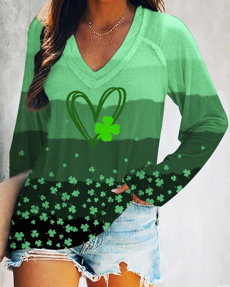 

St. Patrick' Day Lucky Shamrock Print Colorblock Top, Green