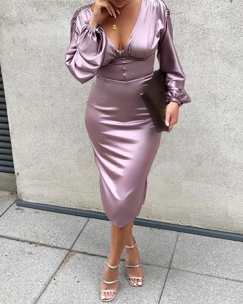 

Lantern Sleeve Button Front Satin Midi Dress, Purple