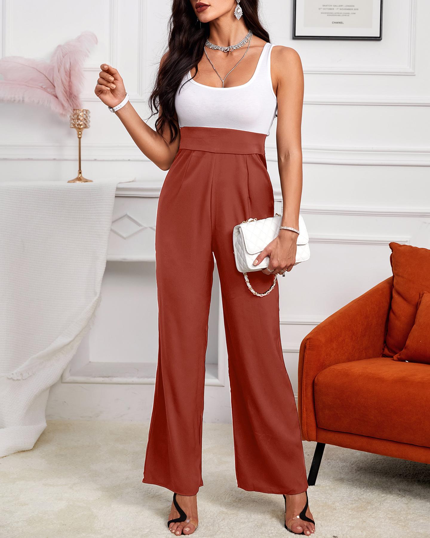 

Colorblock U-Neck Sleeveless Jumpsuit, Light brown
