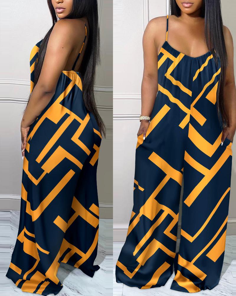 

Geometric Print Spaghetti Strap Wide Leg Jumpsuit, Multicolor