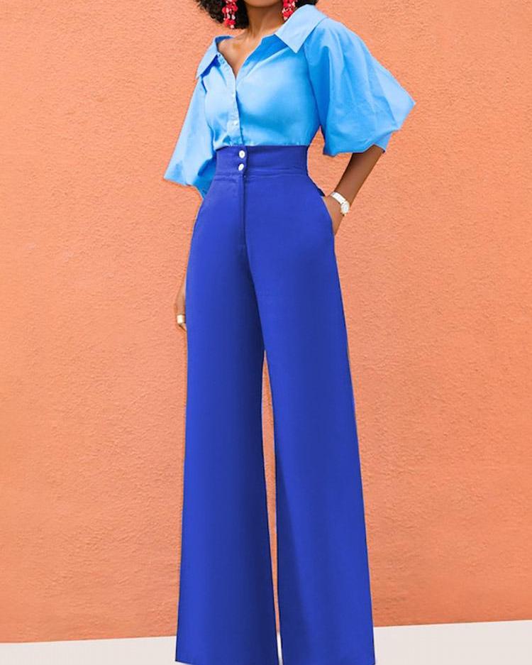 

Solid Button High Waist Wide Leg Pant, Blue