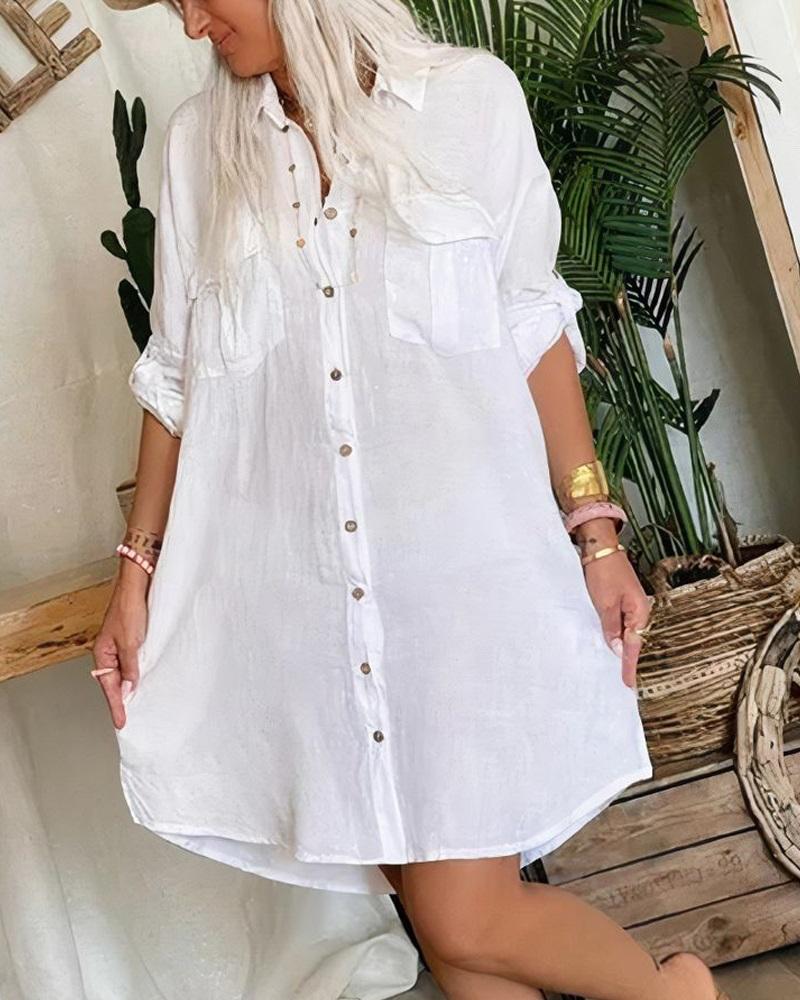 

Pocket Design Buttoned Slit Shirt Dress, White