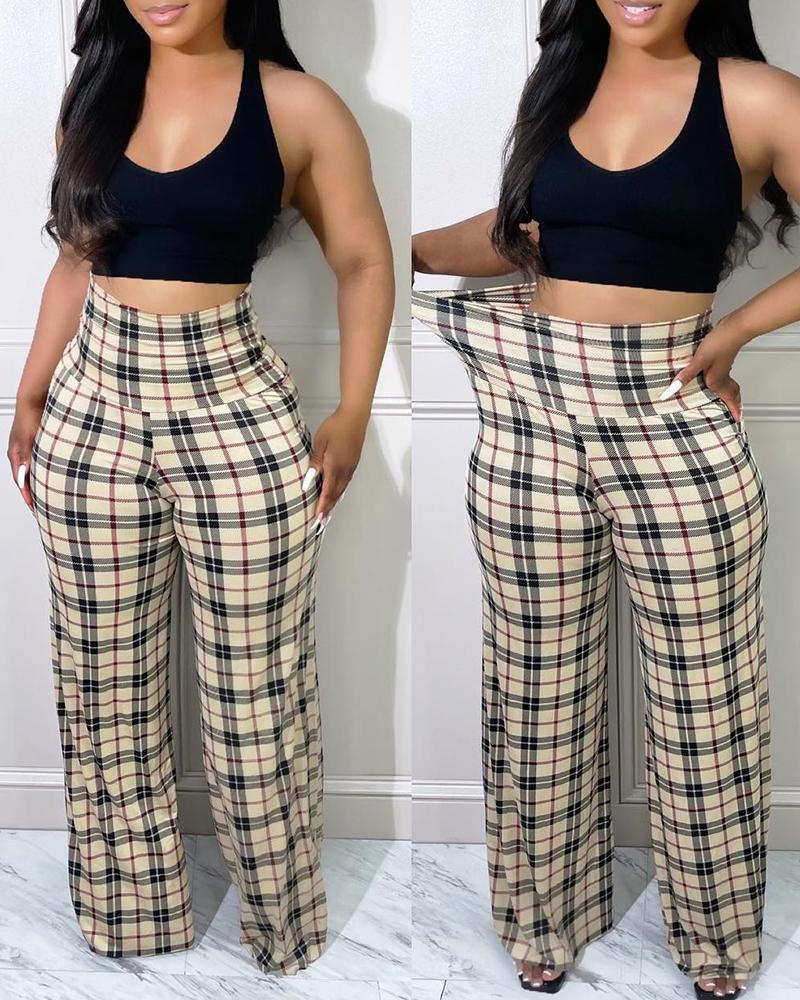 

High Waist Plaid Print Wide Leg Pants, Khaki