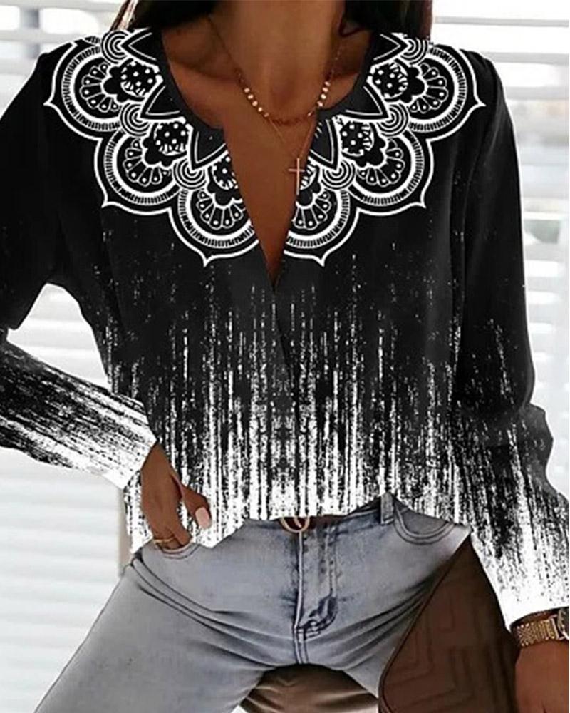 

Tribal Print Long Sleeve Top, Black