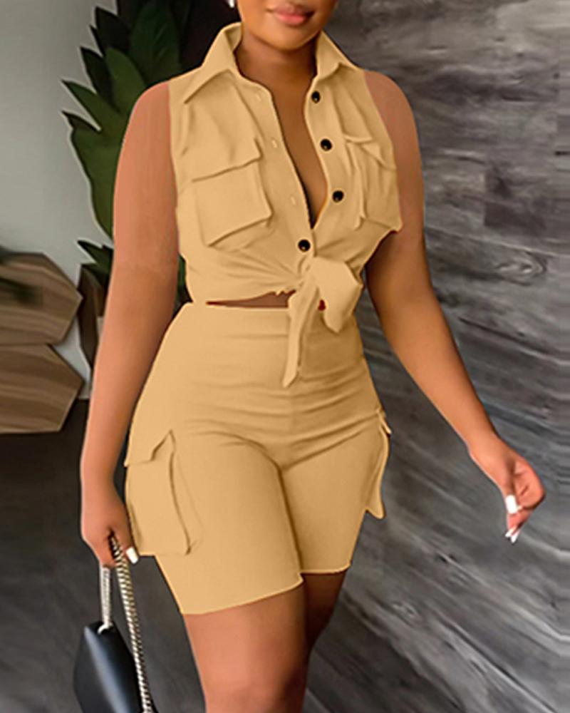 

Buttoned Pocket Design Sleeveless Top & Shorts Set, Khaki