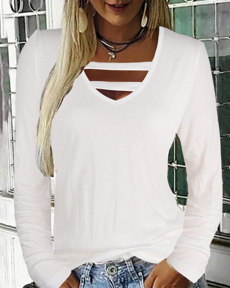 

Plain V-Neck Long Sleeve Top, White
