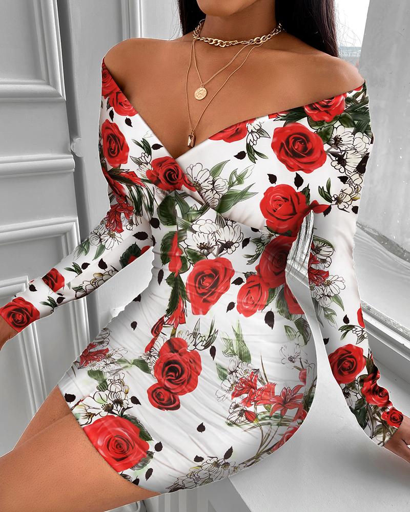 

Floral Print Off Shoulder Ruched Bodycon Dress, Multicolor