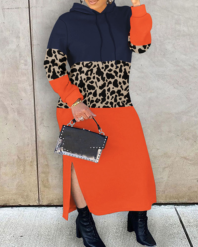 

Leopard Print Colorblock Slit Hooded Sweatshirt Dress, Orange