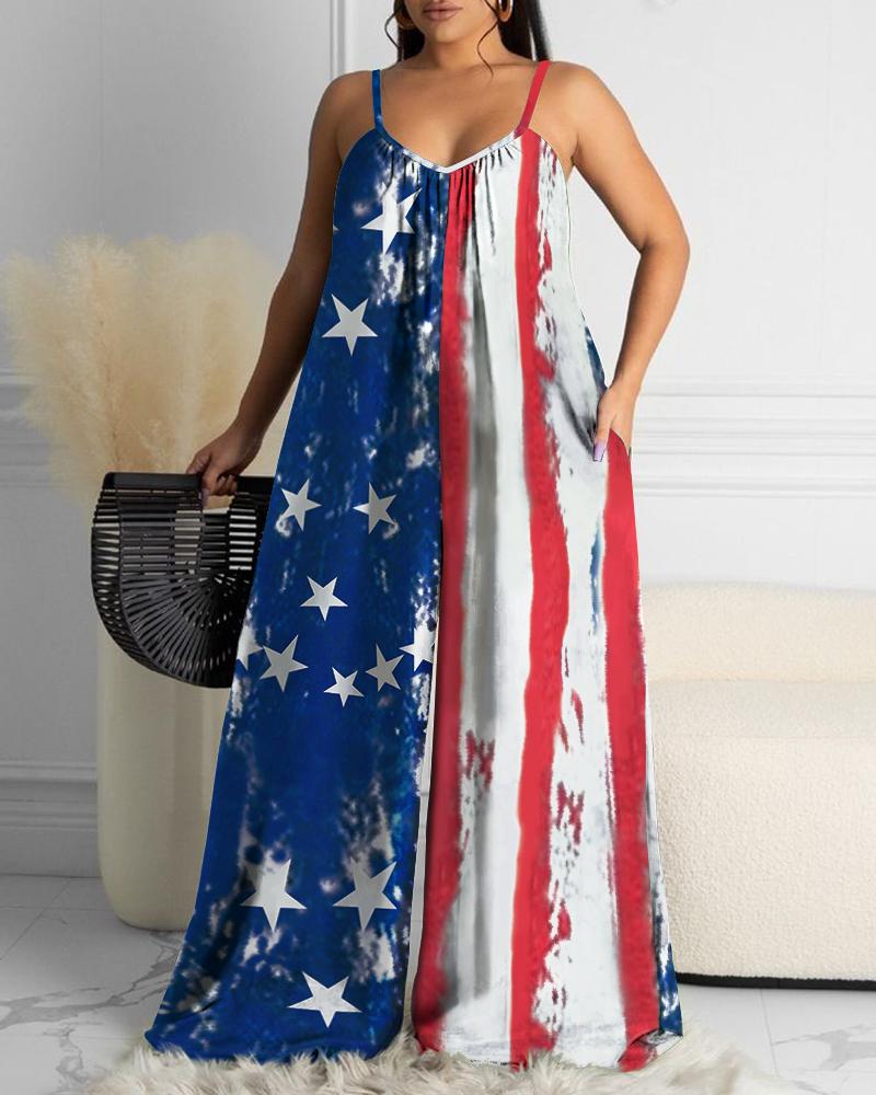

American Flag Print Pocket Design Ruched Wide Leg Jumpsuit, Multicolor