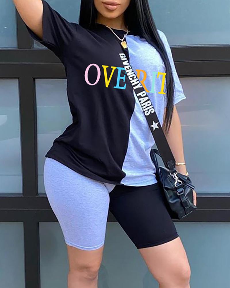 

Colorblock Letter Print Top & Shorts Set, Black