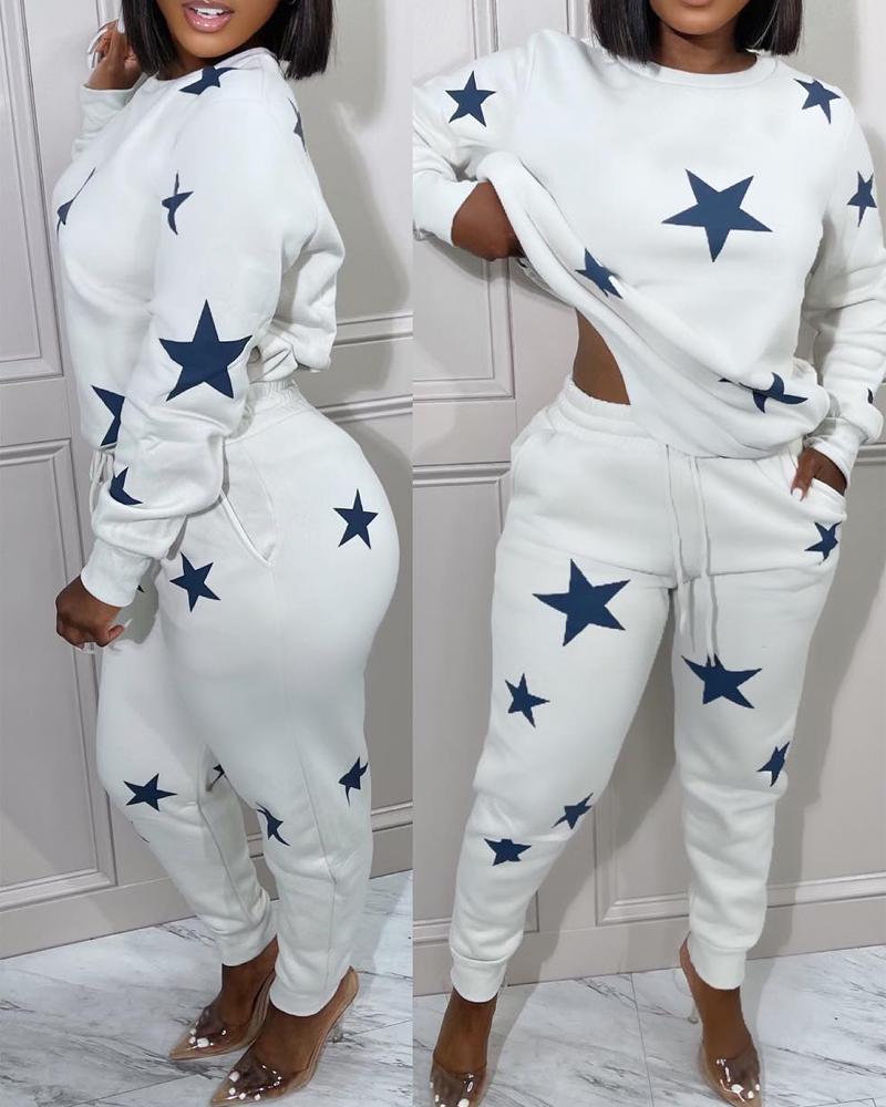 

Star Print Long Sleeve Top & Drawstring Pants Set, White