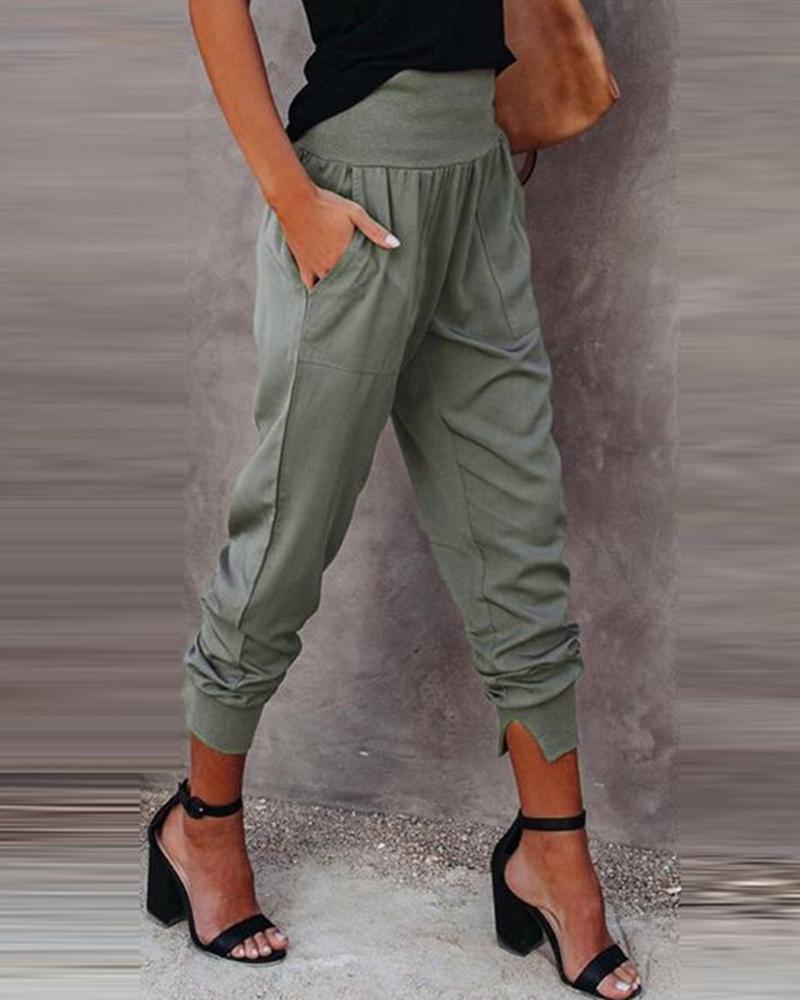 

High Waist Pocket Design Casual Pants, Army green