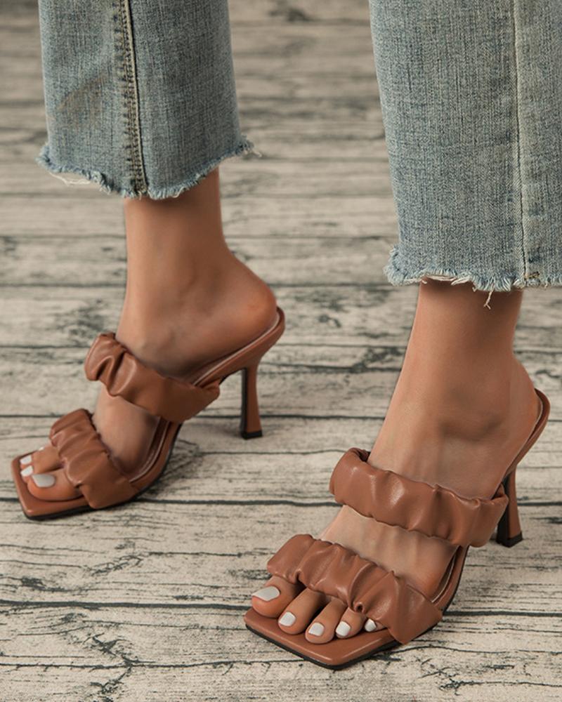 

Square-toe Solid Color Double Straps Heel Sandals, Brown