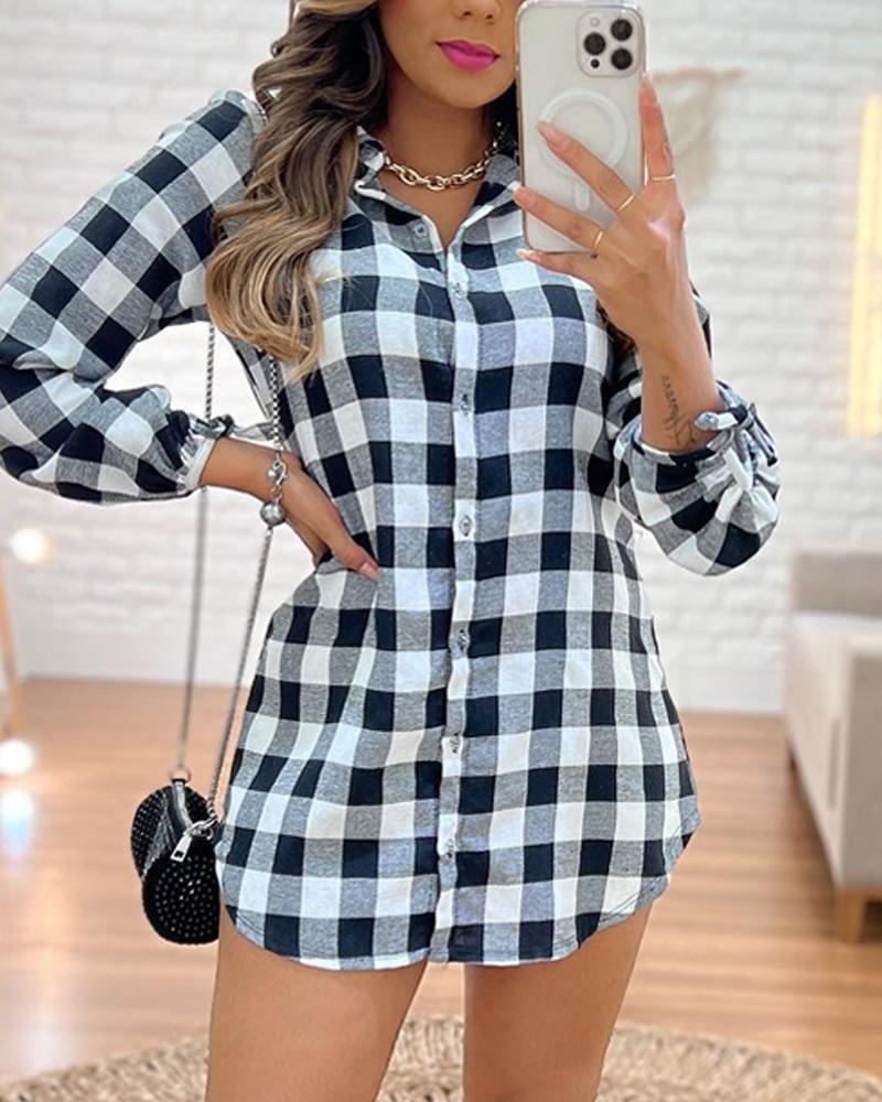 

Plaid Print Long Sleeve Shirt Dress, Black