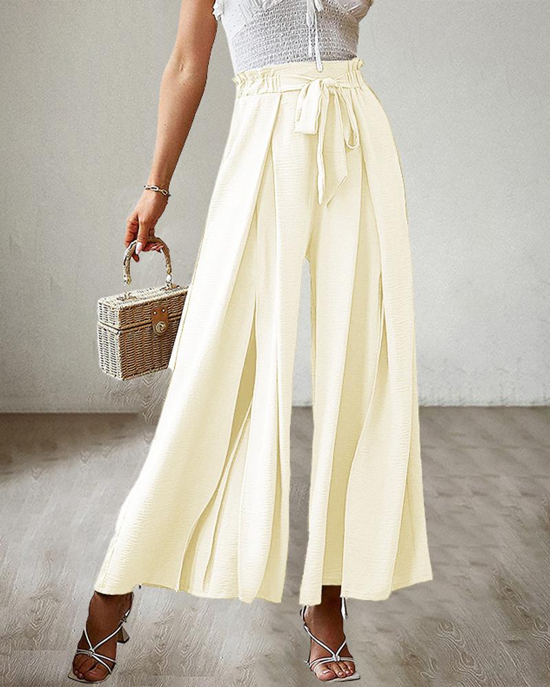 

Tie Front Pleated Design Wide Leg Pants, Apricot
