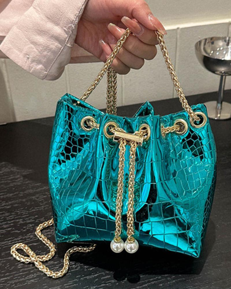 

Crocodile Chain Drawstring Bucket Bag, Blue