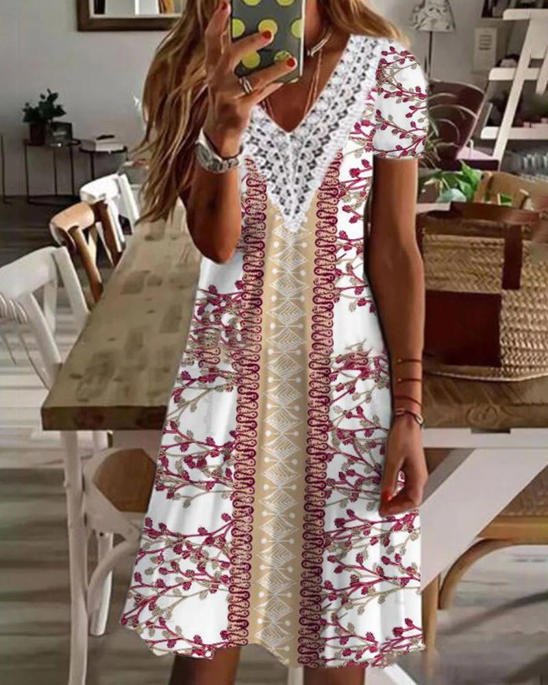 

Tribal Print Contrast Lace Casual Dress, Style2