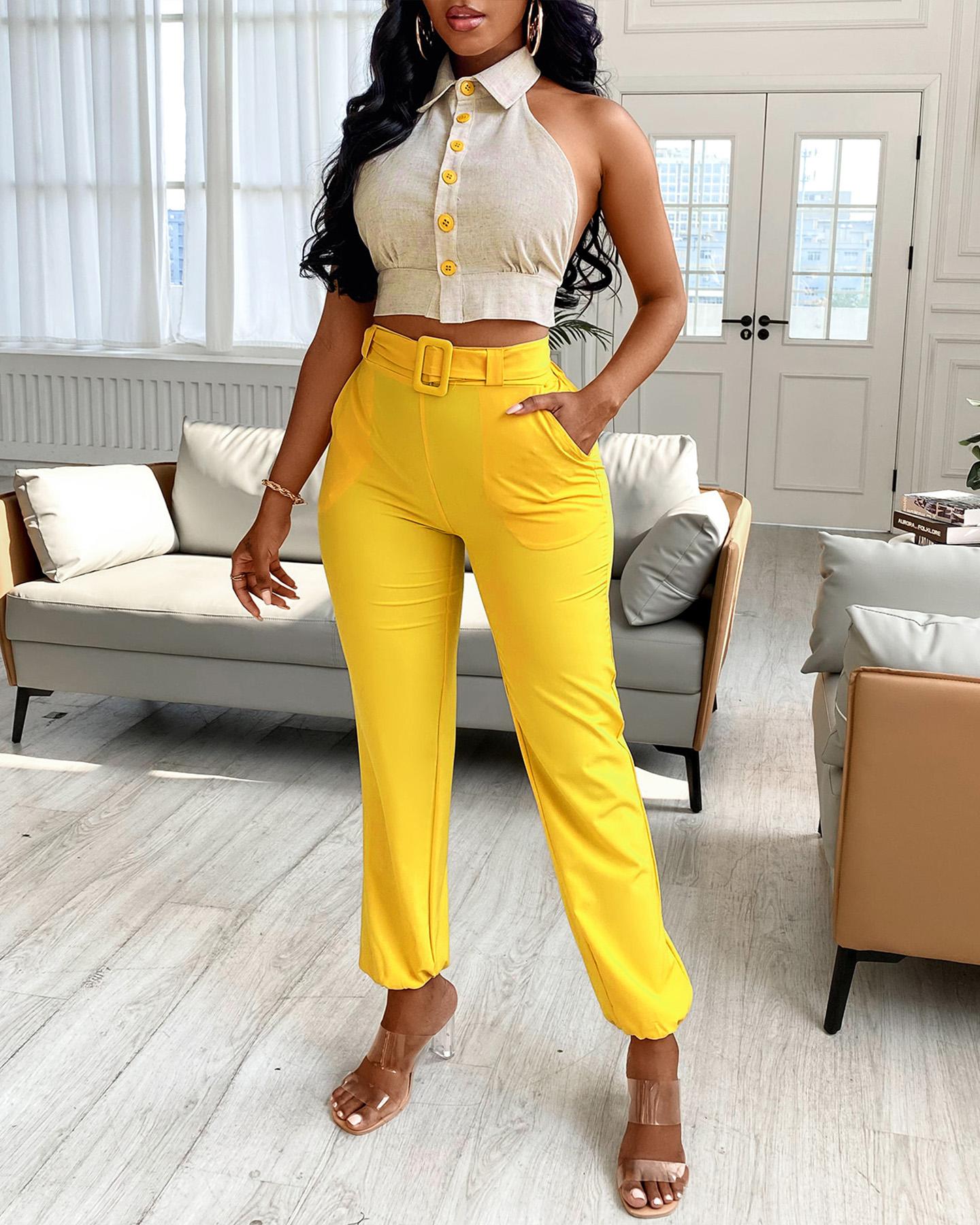 

Colorblock Backless Crop Top & Plain Pants Set, Yellow