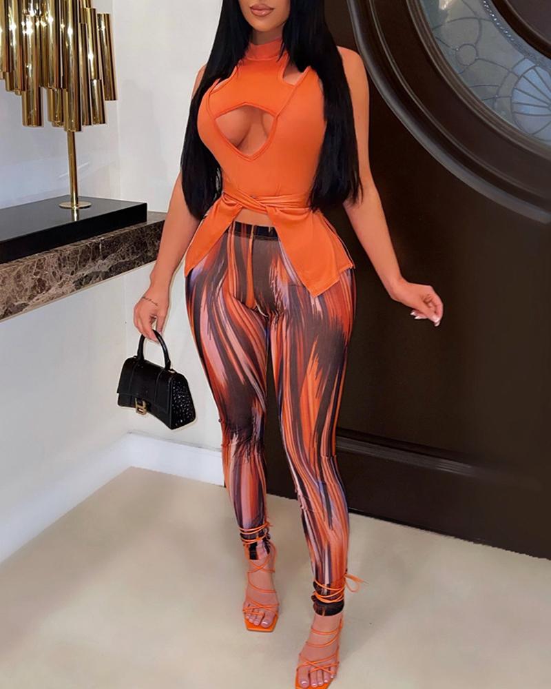 

Cutout Asymmetrical Top & Allover Print Pants Set, Orange