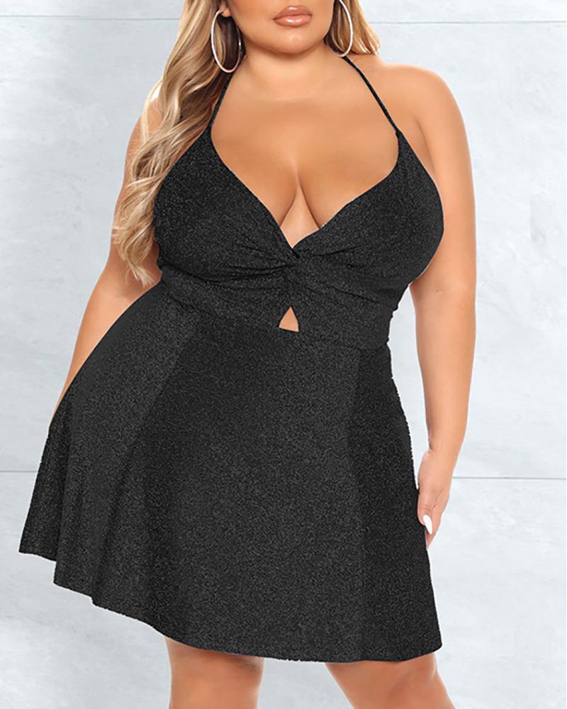 

Plus Size Lace-up Back Twisted Glitter Party Dress, Black