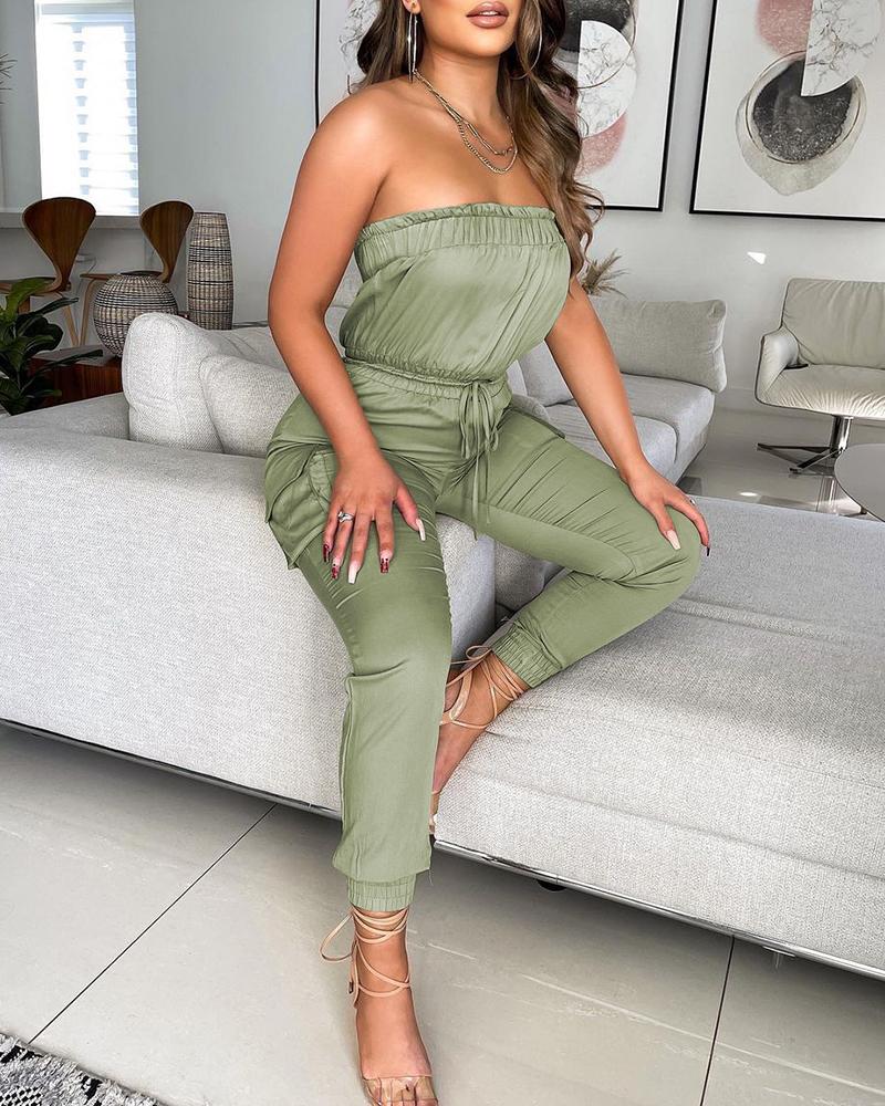 

Bandeau Frill Hem Top & Drawstring Pants Set, Green