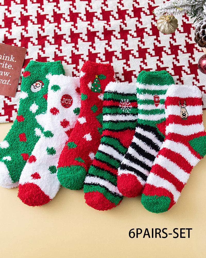 

6Pairs Christmas Cartoon Graphic Fuzzy Thermal Socks Set, Green