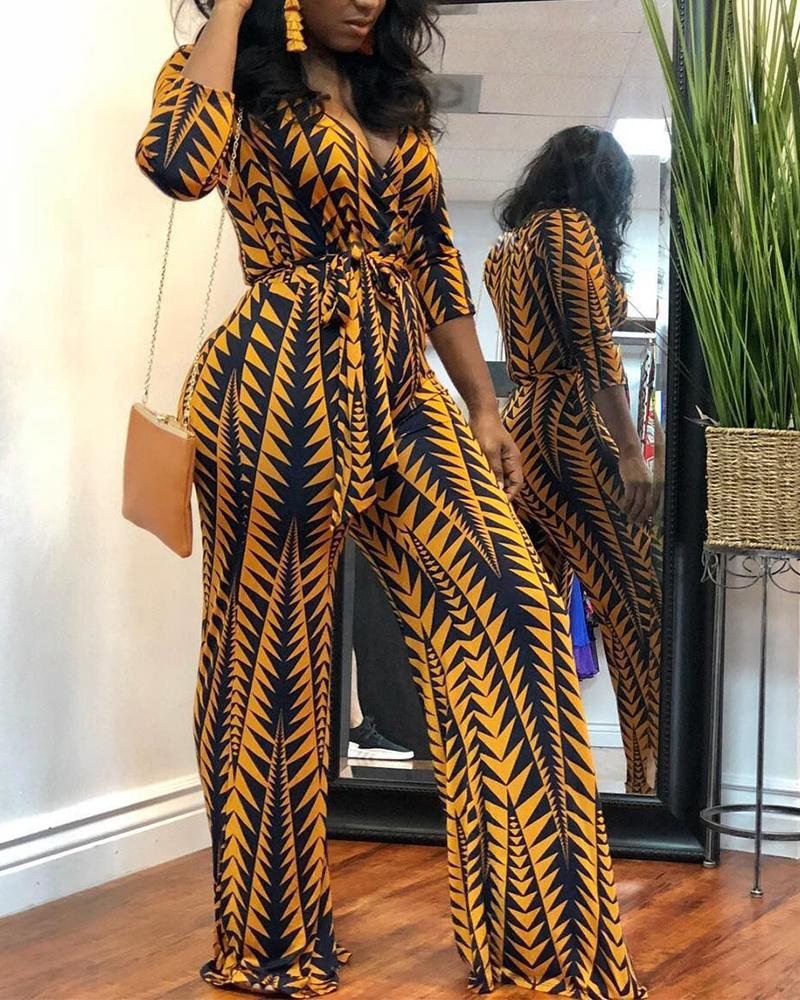 

Geo Print V-Neck Wide Leg Belted Jumpsuit, Yellow