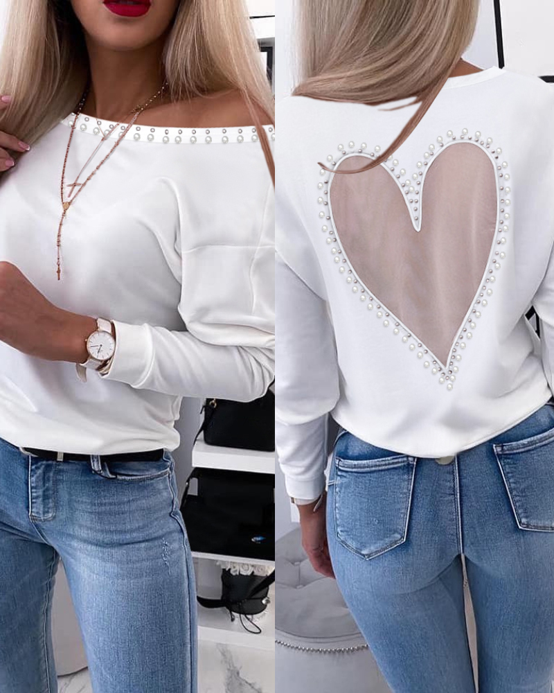 

Heart Pattern Sheer Mesh Round Neck Long Sleeve Beaded Sheer Mesh Tee Casual Top, White