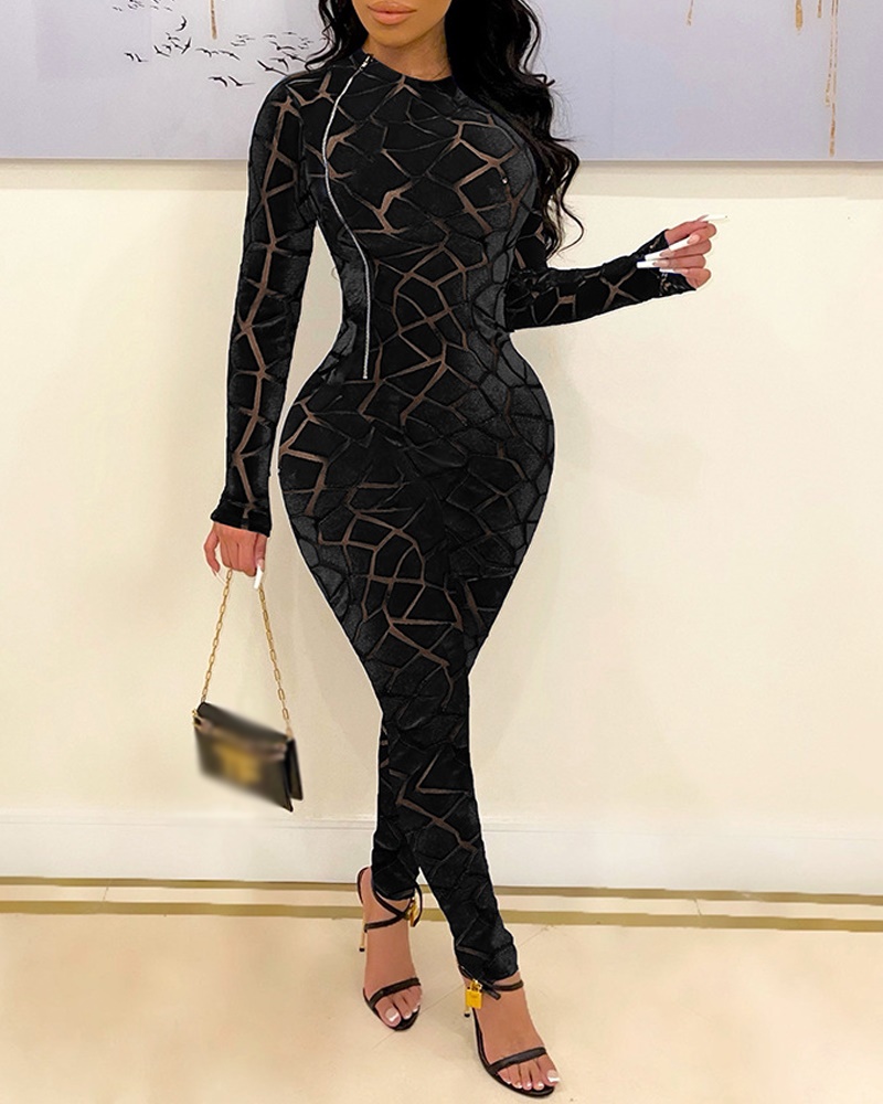

Zipper Detail Flocked Long Sleeve Jumpsuit, Black