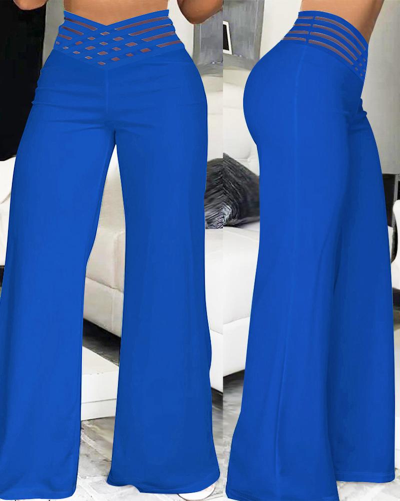 

Pantalon taille haute avec empiècement en maille transparente entrecroisée, Blue