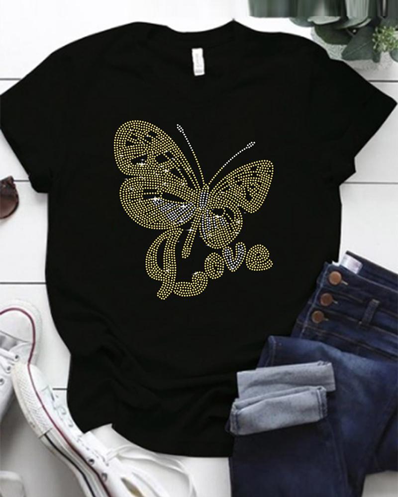 

Rhinestone Butterfly Letter Pattern Casual T-shirt, Black