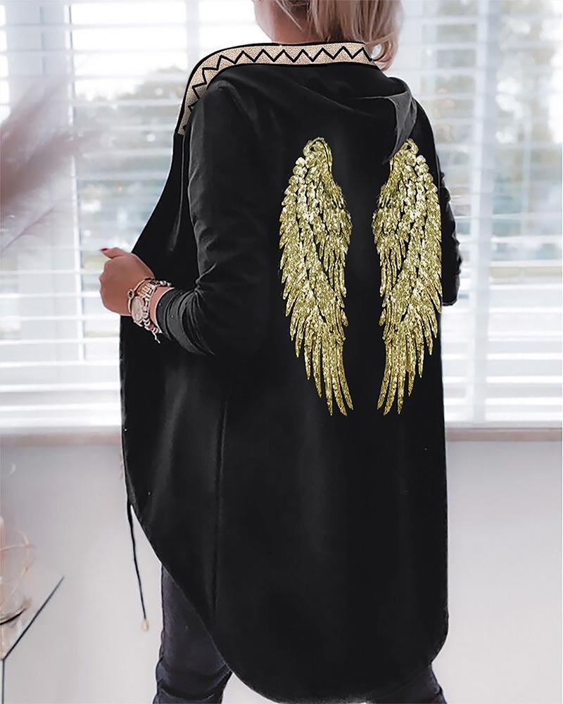 

Geometric Wings Pattern Contrast Sequin Asymmetrical Coat Oversized Zip Up Hooded Jacket, Black